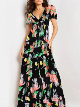 Floral V -Neck Short Sleeved Summer Dress